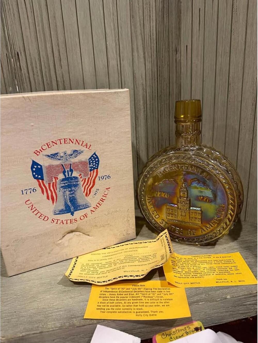 Holly City Millville Art Glass Bicentennial 1976 Bottle Iridescent Decanter Gold
